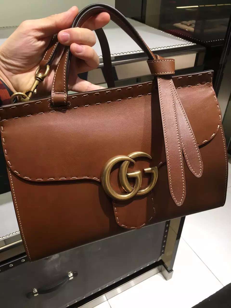 Authentic Gucci GG Marmont Leather Handle Bag 409155 Brown